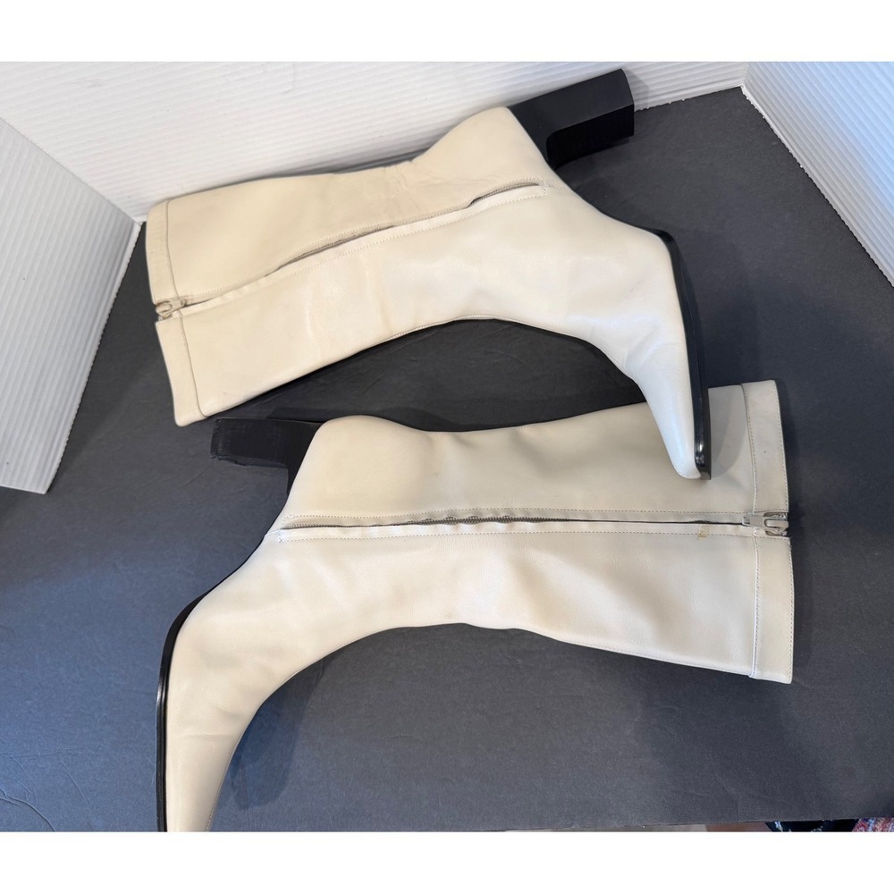 Karen Scott Retro Cream All Leather Mid-Calf Square Toe Block Heel Zip Boots 10 - Picture 5 of 13